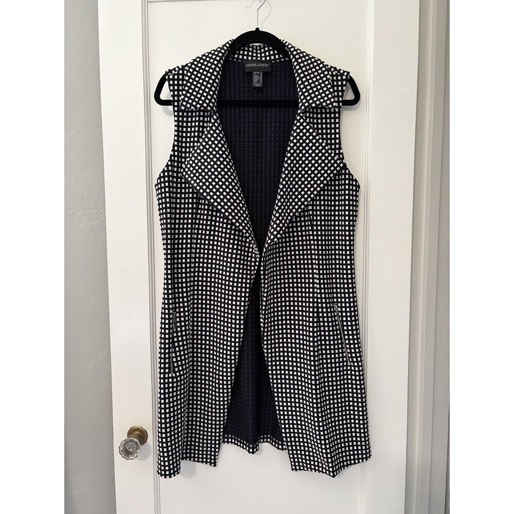 Frank Lyman Longline Vest Womens 8 M Black White Geometric Duster Zip Pockets